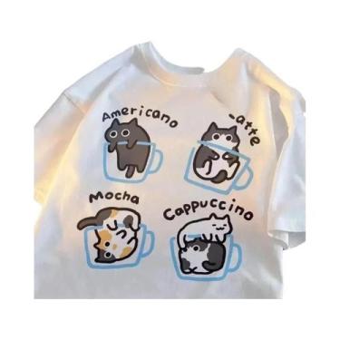 Imagem de Camiseta Feminina De Verão Com Estampa De Gato E Café, Gola Redonda, E