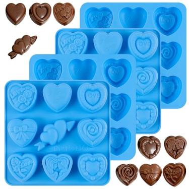 Imagem de Sidosir 4 moldes antiaderentes de silicone de chocolate em forma de coração para Dia dos Namorados para artesanato de bolos, 9 designs de molde de sabão de resina de coração rosa amor para padeiros