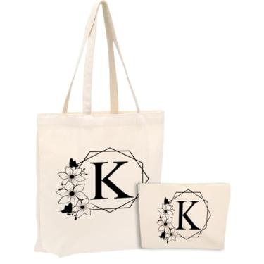 Imagem de Sacola de lona inicial, presentes personalizados, adequada para casamento, aniversário, praia, férias, trabalho, dia das mães, conjunto de bolsa de cosméticos de Natal e sacola de presente monograma