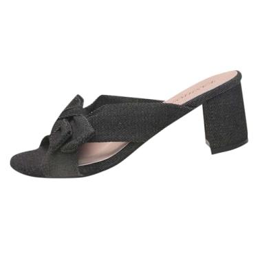 Imagem de Sandálias femininas modernas casuais versáteis de tecido decorativas, férias, verão e outono, sandálias de salto grosso, chinelos femininos, material de pano, Preto, 36