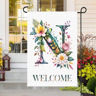 Imagem de Bandeira de jardim com letra N para exterior, vertical dupla face A-Z serapilheira jardim de boas-vindas pequena bandeira de quintal casa para decoração, casa de férias sazonal fazenda primavera verão