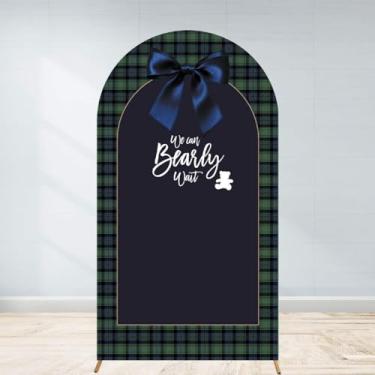 Imagem de Capa de fundo de arco de chá de bebê de urso xadrez tartan 1,8 m verde clássico tema vintage menino festa elastano tecido elástico arqueado cabine de fotos decoração de sinal de boas-vindas