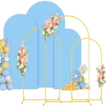 Imagem de PATYDEST Conjunto de suporte e capa de fundo de arco de casamento, 1,8 m, 1,8 m, arcos de metal dourado para pano de fundo azul bebê elastano arco capa de arco de balão moldura para chá de bebê, festa