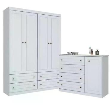 Imagem de Jogo de Quarto com Roupeiro 4 Portas e Cômoda Americano - Branco - Móv