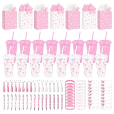 Imagem de 162 peças/20 conjuntos de lembrancinhas de festa de laço, sacos de presente de arco de coquete para dia dos namorados com copos de plástico de 680 g, pulseiras, chaveiros, canetas e cartões para