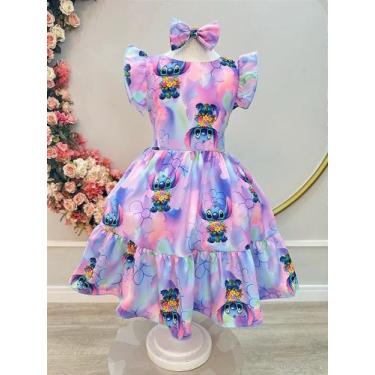 Imagem de Vestido Infantil Lilo Stitch e Angel com Laço Lilás Temático - Fabulos