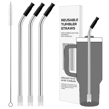 Imagem de Prurex Canudos de metal dobrados para copo Stanley de 1,134 g, pacote com 3 canudos reutilizáveis de aço inoxidável com pontas de silicone e escova de limpeza de palha, apto para café, livre de BPA