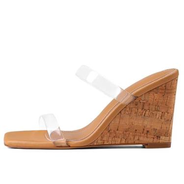 Imagem de EQAUDES Sandália Wedges feminina bico quadrado verão - alpargatas, sem cadarço, praia, sandália de salto alto com duas tiras, confortável, vestido de férias, sapatos de casamento, 1 transparente, 36