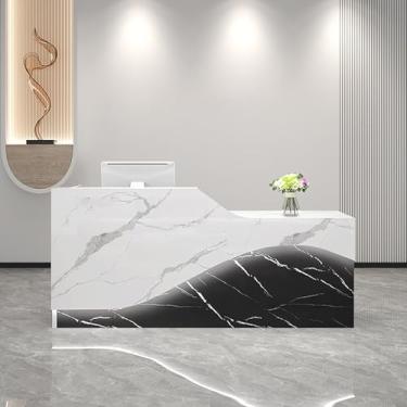 Imagem de Elegante balcão de recepção com gaveta com trava, bandeja de teclado e luz - Mesa de caixa de varejo ideal para salão, escritório e sala de recepção (veias brancas, 140 x 49,8 x 99,8 cm)