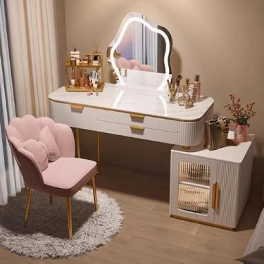 Imagem de Mesa com espelho e luzes - Conjunto de penteadeira de maquiagem com gavetas e banco acolchoado - 3 modos de luz ajustáveis para quarto