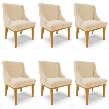 Imagem de Kit 6 Cadeiras Estofadas Para Sala De Jantar Base Fixa De Madeira Castanho Lia Suede Bege - Ibiza