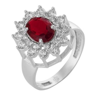 Imagem de Anel de Prata Coleção Queens Cristal Rubi 6x8 e zircônias Brancas - Co