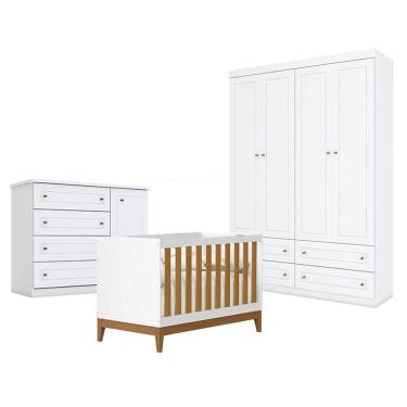 Imagem de Quarto de Bebê Americano 4 Portas com Berço Americano Flip Branco Acetinado Savana Reller - Henn