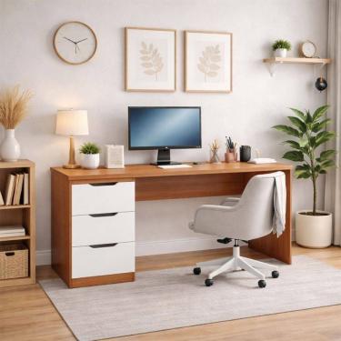 Imagem de Mesa para Escritório Madri 3 Gavetas Branco/Freijó - Politorno