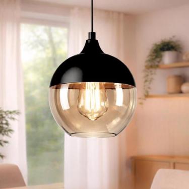 Imagem de Lustre Pendente 24cm Globo Vidro Âmbar Metal Preto Luminária Teto Gimp