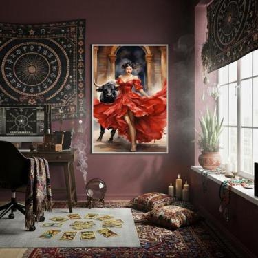 Imagem de Quadro Decorativo Cigana Com Touro 70X50Cm Mold Branca - Quadros On-Li