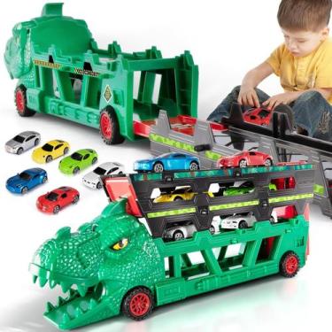 Imagem de Carrinho Caminhão Carretinha Carreta Cegonha Leva Carros Dinossauro Co