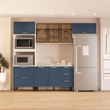 Imagem de Cozinha Compacta Amara 8 Portas 4 Gavetas com Vidro 40250781  Azul/Branco - Politorno