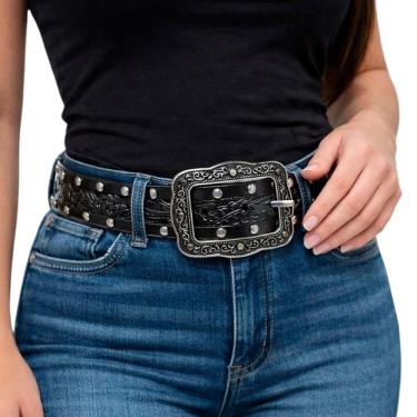 Imagem de Cinto Country Couro Bordado Rebites Feminino Rodeio Festa Sertanejo Fivela Quadrada Rem...