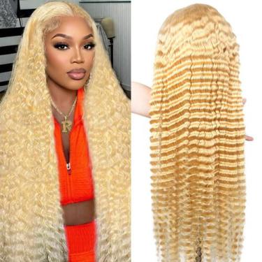 Imagem de Peruca HUANGCAI 32" Loiro Deep Wave 200% Densidade HD Lace