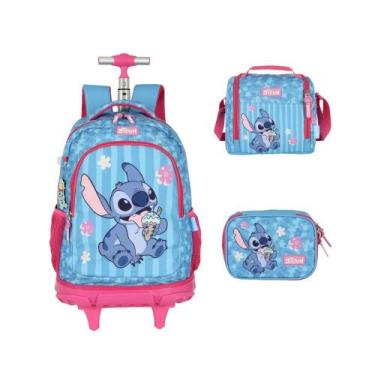 Imagem de Kit Mochila Rodinhas Lancheira Estojo Stitch Disney Escolar, Pink