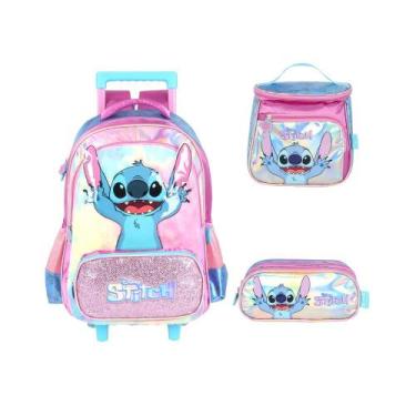 Imagem de Kit Mochila Rodinhas Lancheira Estojo Stitch Brilhante - Disney, Roxo