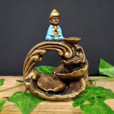 Imagem de Porta incenso cascata buda maior envelhecido c/ azul 15cm - CASA FÉ