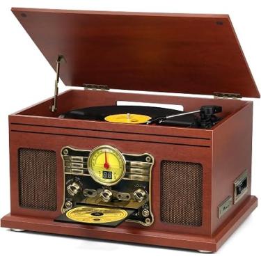 Imagem de Toca-discos Bluetooth tudo em um toca-discos de 3 velocidades para gravação de vinil com alto-falantes, conversor de vinil LP para MP3 com CD, leitor de cassete, rádio FM, streaming de música sem fio