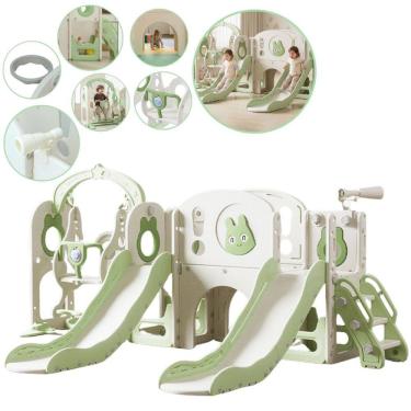 Imagem de Playground Infantil 7x1 Plástico 2 Escorregadores Ponte Cesta 2 Multifuncional Verde Brinqway Bw468