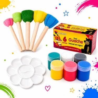 Imagem de Kit 5 Pincéis Espuma + Tinta Guache 6 Cores 15ml + Godê Flor - Pistach
