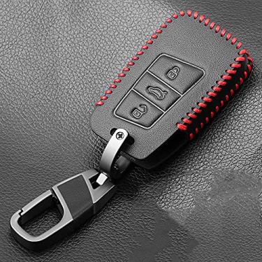 Imagem de WSWJDW Couro Car Key Case Cover Chaveiro Ring Key Bag, apto para VW Volkswagen Polo Golf Passat Beetle Caddy T5 Up Eos Tiguan Seat Skoda, estilo C 3 botões