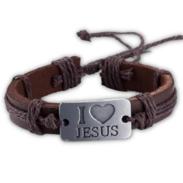 Imagem de Pulseira de Couro Masculina com Placa I Love Jesus Cor:Marrom