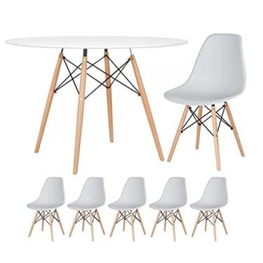 Imagem de Loft7, Kit - Mesa redonda Eames 120 cm branco + 5 cadeiras Eiffel Dsw Cinza claro