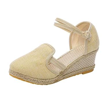 Imagem de Sandálias femininas confortáveis flor clipe dedo do pé sandálias de praia moda feminina boêmia plataforma sapatos a7, Bege, 8