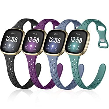 Imagem de Laffav Pacote com 4 pulseiras compatíveis com Fitbit Versa 3/Fitbit Sense para homens e mulheres, pulseira de substituição de silicone macio e fino (grande, preto/verde pinheiro/roxo/cinza azul)