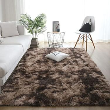 Imagem de Tapetes de área felpudos macios modernos para ambientes internos, tapete de área de acento de berçário de pelúcia antiderrapante, tapete felpudo de pele sintética peludo para sala de estar decoração de casa cor café tingido 55 polegadas x 79 polegadas