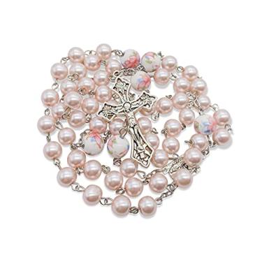 Imagem de Nazareth Store Colar de contas de pérolas rosárias com flores brancas com contas e medalha Lourdes e crucifixo de cruz