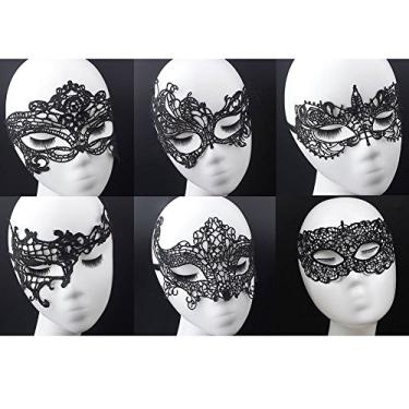 Imagem de Máscara feminina de renda preta para festa, baile de máscaras, pacote com 6