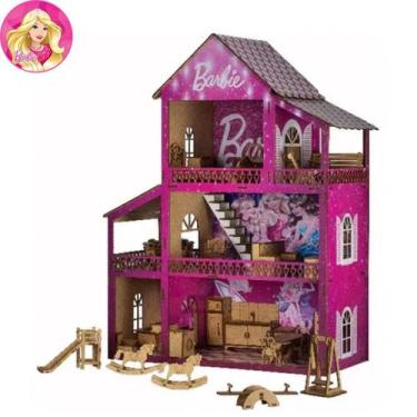 Imagem de Casinha De Boneca Barbie Rosa Mdf Com 41 Mini Móveis Montada - M&J Var