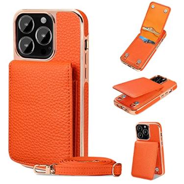Imagem de lichia carteira de couro pu carteira de cartão de crédito capa de telefone para iphone 13 14 pro max capa fina de couro luxo, laranja, para iphone 14