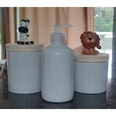 Imagem de Kit higiene bebê 3 peças Safari - Potes e porta álcool - Peças porcelana e tampas pinus