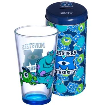 Imagem de Universidade Monstros S.A Kit Copo De Vidro 500ml + Cofre Metal Mike Sulley Sullivan Oficial Disney