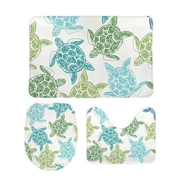Imagem de Conjunto de tapetes de banheiro My Daily 3 peças tartaruga marinha azul verde em forma de U contorno tapete de banheiro e tampa da tampa, tapete de chuveiro antiderrapante conjunto de tapetes de banheiro