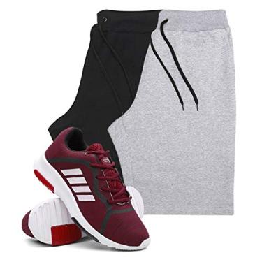 Imagem de KIT 2 Bermudas Masculinas Moletom + Tenis Masculino Sport Corrida - Bermudas Preto/Cinza M - Tenis Vermelho - 40