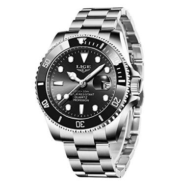 Imagem de LIGE Relógio masculino moderno de luxo, elegante, esportivo, analógico, quartzo, para homens, negócios, casual, à prova d'água, de aço inoxidável, relógio de pulso, calendário, mostrador