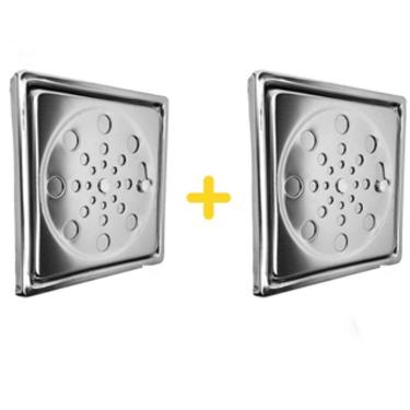 Imagem de Kit 2 Ralo Grelha Tampa Inox 10x10 CM para Banheiro Lavabo Área Externa Quadrado com Caixilho - Com Fechamento