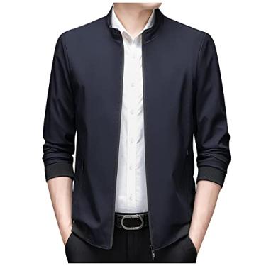 Imagem de Suéter meio zíper masculino outono moda casual lazer sólido fino bolso jaqueta blusa casaco leve casaco masculino (azul-marinho, G)