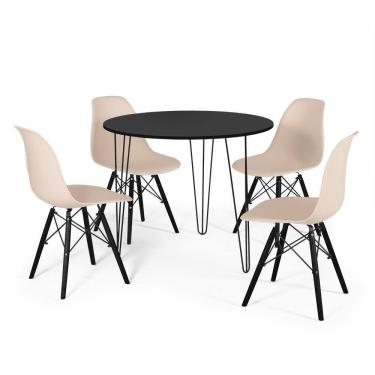 Imagem de Conjunto Mesa de Jantar Redonda Hairpin 90cm Preta com 3 Pés + 4 Cadeiras Eames Eiffel Base Preta - Nude