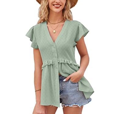 Imagem de Camiseta feminina gola V respirável padrão de pontos cor pura verão gola V blusa fácil de usar para a vida diária, Verde, XXG