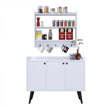 Imagem de Aparador Buffet 3 Portas Cantinho Café Wood New Armário Suspenso Parede Amélia Ganchos Organizadores - RPM Móveis (Branco)